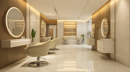 Beauty salon interior, luxury studio mirrors, makeup chairs, modern hairstyle space, fashionable barbershop design, contemporary spa furniture, professional hair care equipment, stylish cosmetic room