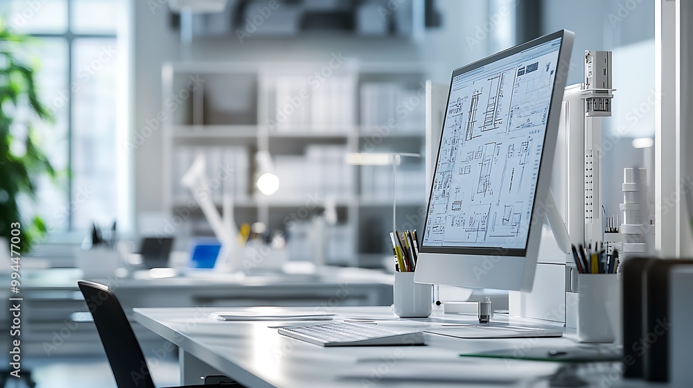 Poster clean modern office desk with computer monitor showing technical drawings