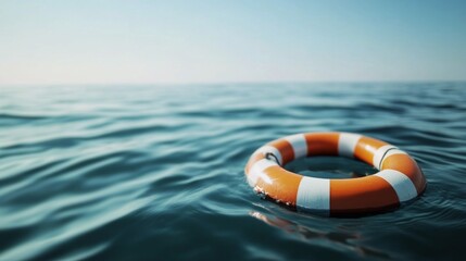 Naklejka premium Lifebuoy floating in calm ocean waters at sunset near a serene beach environment