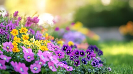 Obraz premium Colorful flower garden with blooming pansies and daisies in sunny spring weather