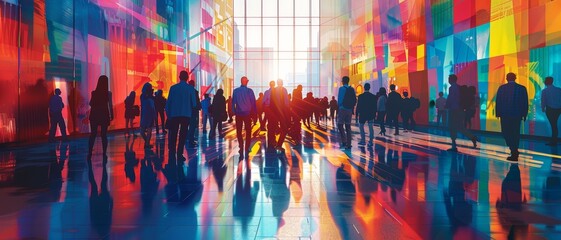 A vibrant scene of silhouetted people walking through a colorful space, filled with reflections and light, creating an energetic atmosphere.
