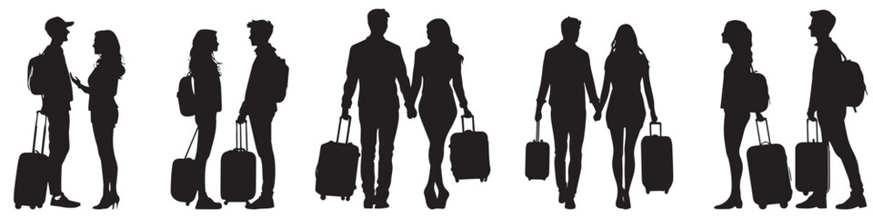 Couples standing with suitcase, man traveling with suitcase, lady travelling with suitcase silhouette isolated on white background