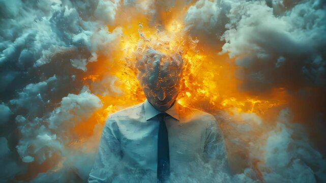 A man in a business suit with his head exploding into flames, symbolizing stress or burnout, set against a smoky background