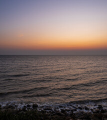 Fototapeta premium Sunset sea vertical high view landscape horizon beautiful summer season shore nobody wind soft wave cool holiday look calm sky twilight evening day time nature tropical coast ocean water travel