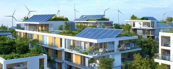 Obraz premium Blueprint for an energy-positive residential building, showcasing solar panels, wind turbines, and green roofs in an integrated community design