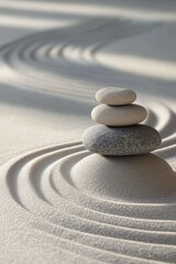Tranquil Zen garden with carefully arranged stones and raked sand during the afternoon light