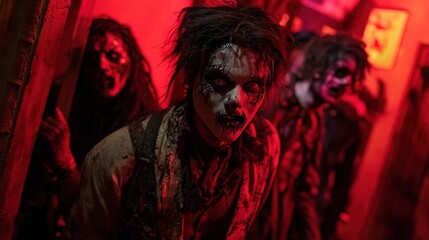 A haunted house attraction with actors dressed in spooky costumes, creating a terrifying experience for visitors