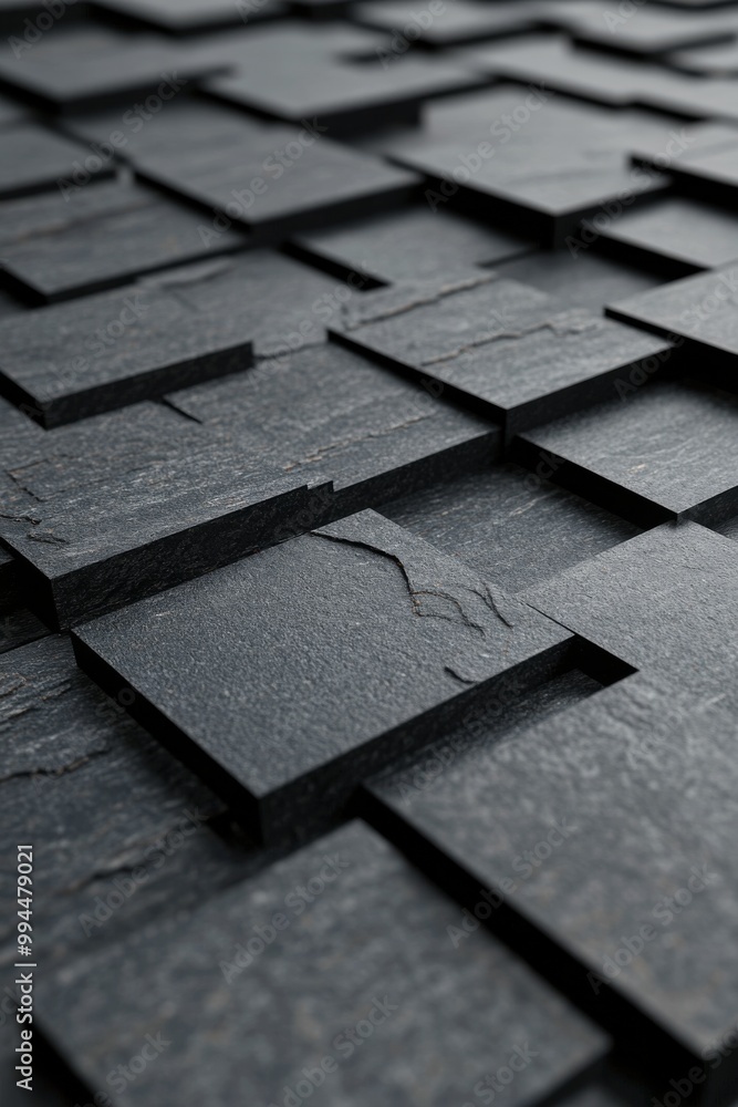Poster textured black slate tiles arranged in a patterned layout for modern architectural design