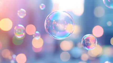 Bubbles floating in dreamy cityscape bokeh background