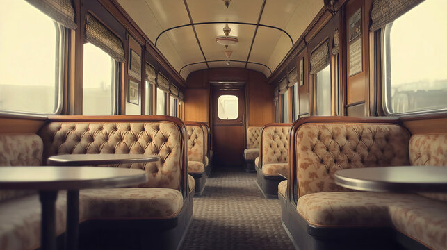 Old train interior, vintage railway carriage, retro wooden seats, empty historic cabin, antique locomotive compartment, classic transport wagon, nostalgic journey view, grunge travel furniture