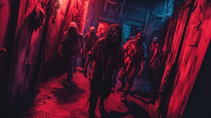 A haunted house attraction with actors dressed in spooky costumes, creating a terrifying experience for visitors