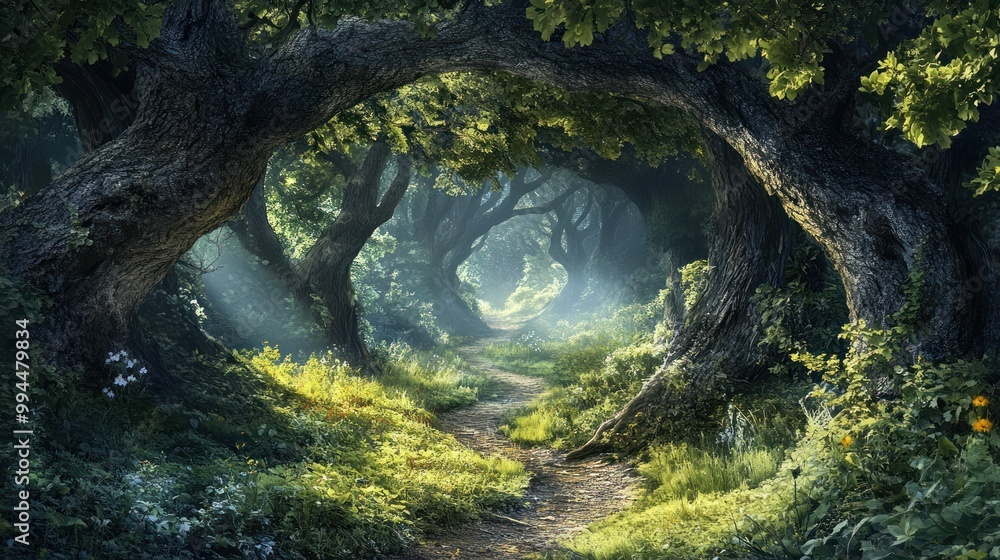 Poster Sunlit Path Through Dense Forest Canopied by Twisted Trees