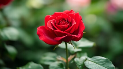 Single red rose in bloom, close up, romantic and beautiful flower