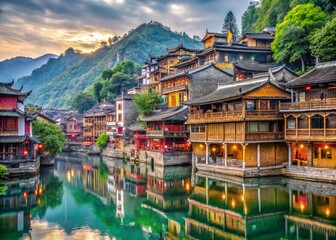 Fototapeta premium Stunning Aerial View of Fenghuang Ancient Town in Hunan Province, China with Traditional Architecture