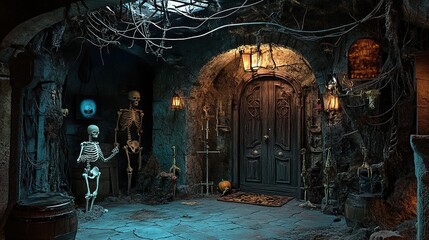 A haunted house entrance with a foreboding atmosphere, decorated with skeletons and eerie lighting