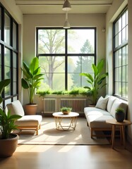 Modern Sunlit Room with Indoor Plants and Comfortable Seating IA Generative