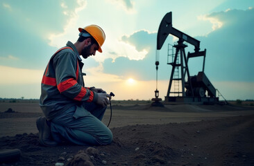 Oil worker in work clothes and helmet near oil rig, drilling station against sky background at sunset. Worker oil and gas production