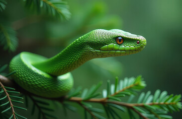 Fototapeta premium Green snake on a spruce branch close-up,, blurred background. Symbol of new 2025. Background for new year
