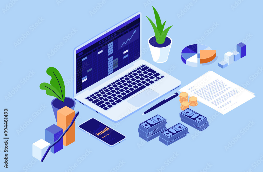 Poster accounting and finances computer - laptop with spreadsheet software on screen, money, graphs and doc