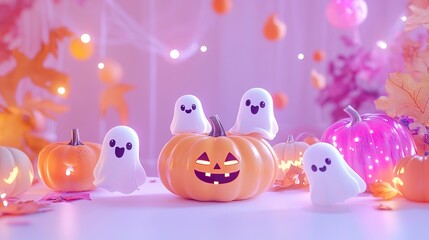 Fototapeta premium A whimsical scene showcasing adorable pumpkins and friendly ghosts, surrounded by neon accents of orange and pink on a clean white backdrop