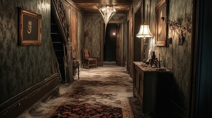 A haunted house entrance with a foreboding atmosphere, decorated with skeletons and eerie lighting