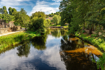 Lush landscape with willow trees and green vegetation with the Arnoia River in the village of Allariz, Orense.