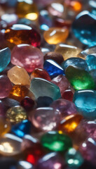 Closeup texture of multi-colored gemstones transparent and translucent refraction of light through t