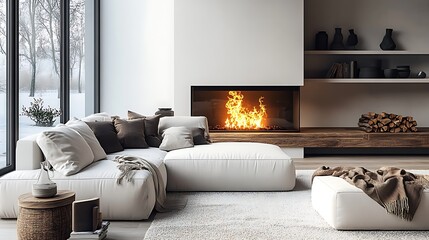  White corner sofa near fireplace. Scandinavian home interior design of modern living room. 
