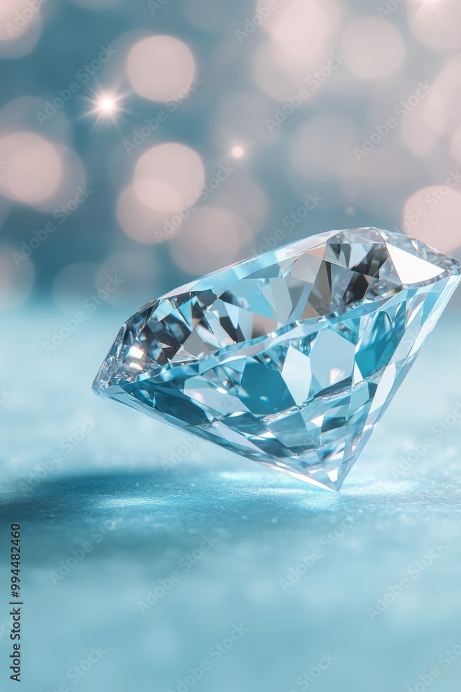 Poster sparkling diamond placed on shimmering surface with soft bokeh background effects during daylight