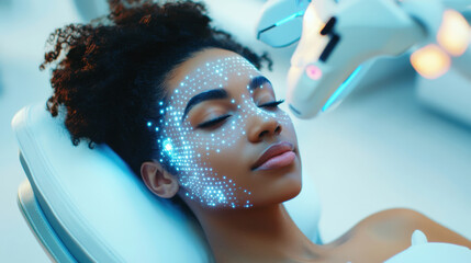 Modern woman face with digital dots on futuristic background in high-tech style. concept of advanced skincare and beauty technology applications