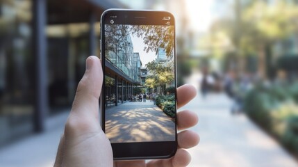 Hand Holding Smartphone Capturing City Street View