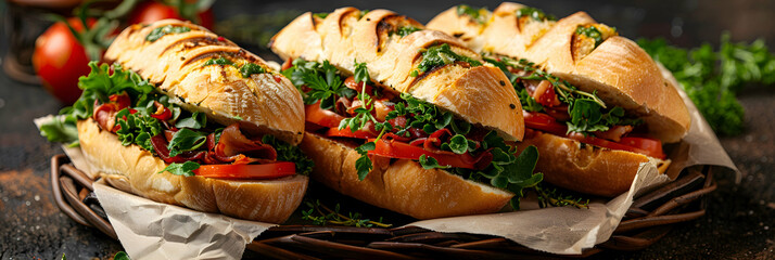 Fototapeta premium A basket of BLT sandwiches with fresh herbs, captured using an ultra HD camera with a ring light for even illumination
