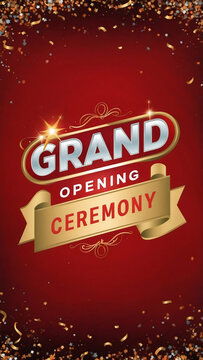 Logo for a grand opening ceremony with luxury ribbon banner and shimmering light, ornate line frame, vibrant colors and celebratory elements, golden confetti on border, on a red background, poster