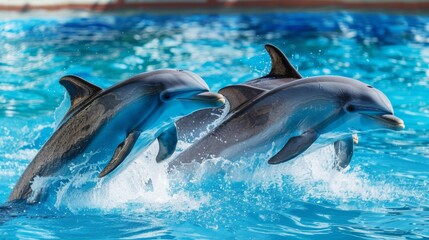 Two dolphins joyfully leap out of clear blue water, showcasing their grace and playful nature in an aquatic environment.