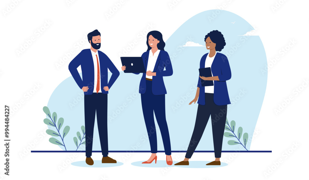 Poster team of businesspeople - group of three professional people in business standing using computers smi