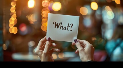 Closeup of hands holding the little paper note with text message question what. Answer the solution to the problem