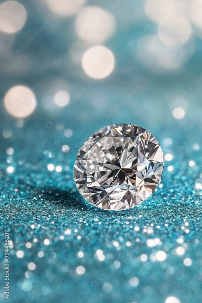 Poster sparkling diamond placed on shimmering surface with soft bokeh background effects during daylight
