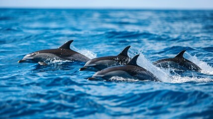 Fototapeta premium A group of dolphins surf through ocean waves, showcasing their speed and coordination in the wild marine environment.