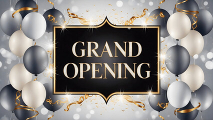 A vibrant grand opening announcement banner with gold border line, adorned with grey, white, and golden balloons and a shower of confetti, sparkling lights in a soft bokeh white background, vip 