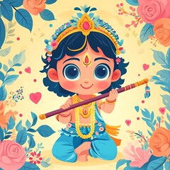 Cute Cartoon Illustration of Baby Krishna with Flute