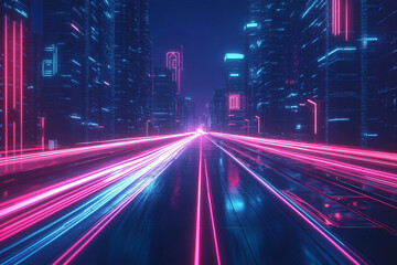 Obraz premium Neon-lit highway with no vehicles, cutting through the center of a futuristic city, Dark buildings with faint glowing windows, minimal traffic lights with neon signs