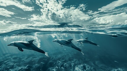 Fototapeta premium A pod of dolphins swim gracefully in clear ocean waters with mountains and clouds in the background.