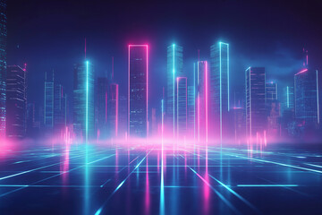 Fototapeta premium Futuristic city skyline glowing with neon pink and blue lights in a digital cyberpunk style