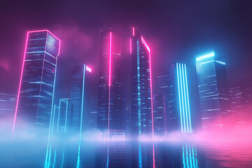 A sleek, glowing neon cityscape in the distance with geometric skyscrapers, minimalist neon lights in blue and pink, Simple dark sky with subtle fog