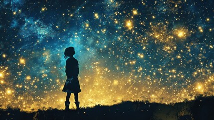 Obraz premium A Girl Silhouetted Against a Night Sky Filled with Stars