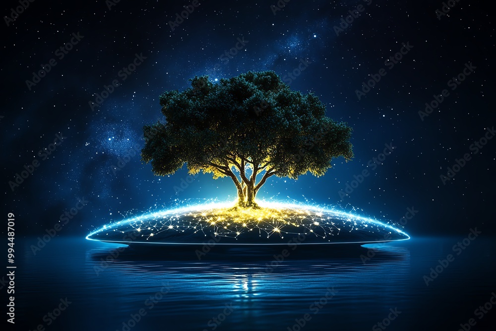 Poster A floating island in space, where the trees are made of light and the ground is composed of ancient, forgotten constellations