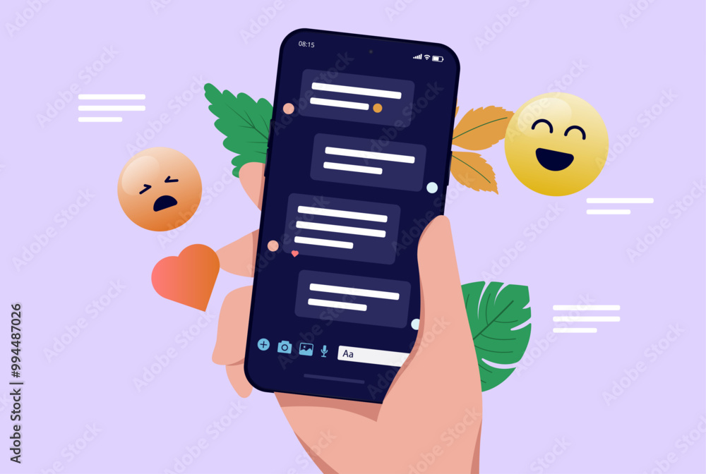 Aufkleber text messaging on mobile phone - hand holding smartphone with screen full of chat and texting conver