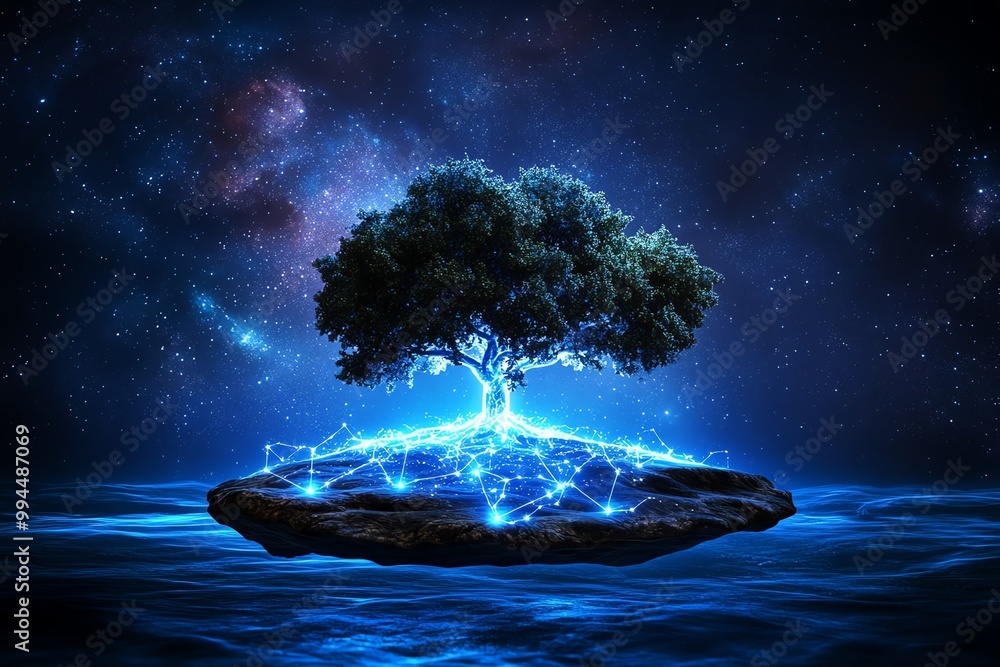 Poster a floating island in space, where the trees are made of light and the ground is composed of ancient,