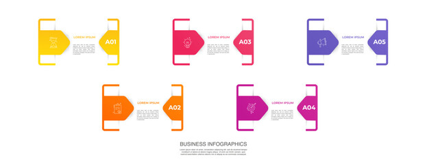 Vector template arrow infographics with 5 steps. Business premium creative concept with options, labels, parts. Five steps for content, flowchart, timeline, levels, presentation.
