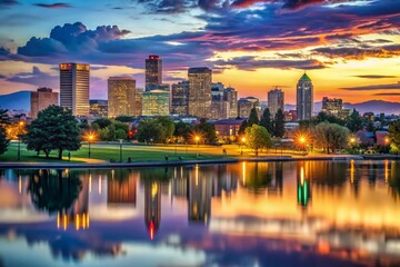 Stunning Denver Colorado Skyline at Dusk with Vibrant Colors and City Lights Reflecting on Water